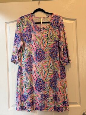Lulu-B Pink Blue Green Pineapple Print Long Sleeve Shift Dress